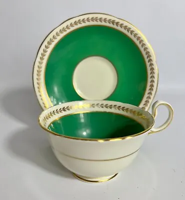 Buy Vintage Aynsley England Bone China Tea Cup And Saucer Gold Laurels On Green • 42.68£