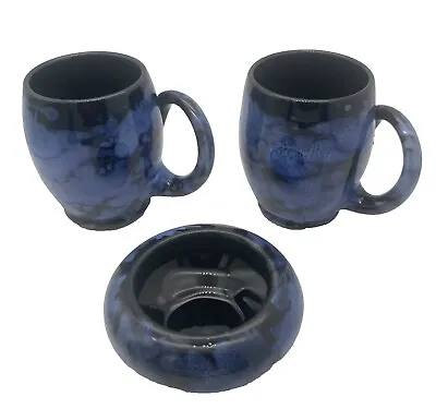 Buy Welsh Ewenny Pair Of Mugs And Bowl Handthrown Pottery Mottled Blue Black Glaze • 19.99£