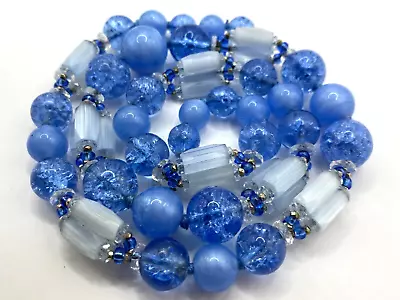 Buy Vintage Jewellery Blue Satin Crackle Rhubarb Glass Bead Hand Knotted Necklace • 25£