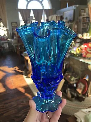 Buy Vintage Fenton Glass Handkerchief Art Glass Vase Blue 6.5” • 30.28£