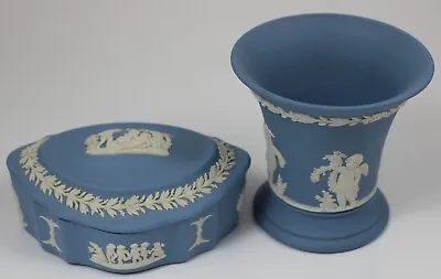 Buy Wedgwood Jasperware: Blue Vase & Trinket Box With Lid - Cherub Pattern • 9.99£