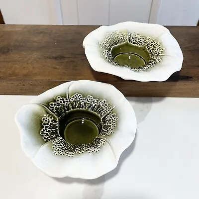 Buy Honiton Pottery Green Flower Posy Bowl Tea Light Candle Holders X 2 Vintage MCM • 19.99£