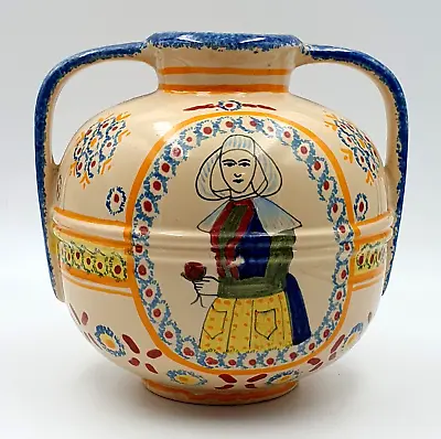 Buy Henriot Quimper Pottery Hand Painted Double Handled Vase - Brecon Lady Pattern • 38.95£