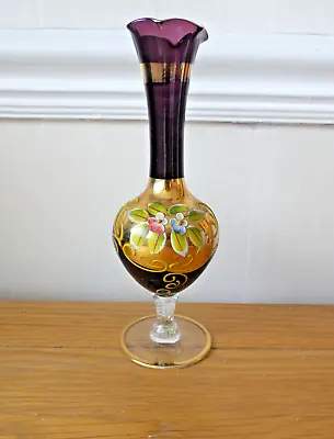 Buy Czech/Bohemian Amethyst Hand Painted Glass Bud Vase With Gilt Trim • 10.99£