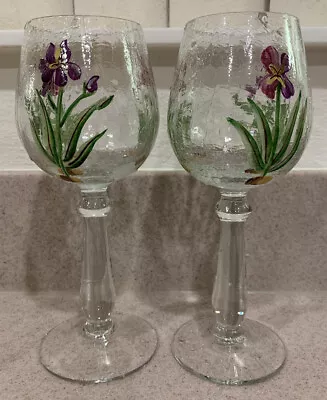 Buy Romania Crackle Glass Hand Painted Wine Glasses With Iris Flowers 2 N Set 7 3/4” • 27.54£
