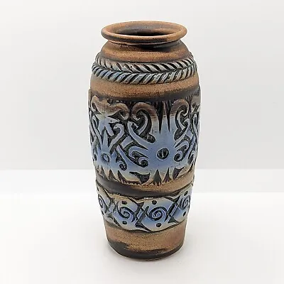 Buy Italian Pottery Vase, Brown & Blue Glaze, Vintage, Unique, Carved • 19£