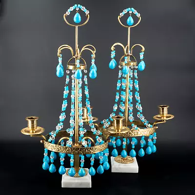 Buy Pair Antique Blue OPALINE GLASS Bronze Candelabras Candlesticks French? Set 2 • 2,292.76£