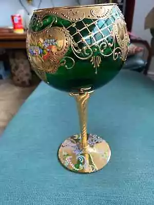 Buy Bohemien Czech Moser 24 K Gold Green Glass Plus Enamal Flowers Goblet Twisted • 25£
