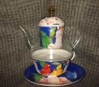 Buy T2 TEA FOR ONE SET TEAPOT LARGE CUP SAUCER INFUSER Parrots Fine Bone China NEW • 39.99£