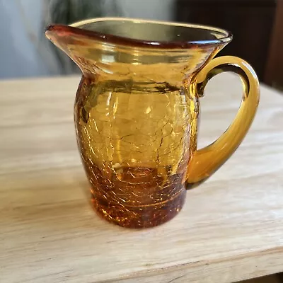 Buy Vintage Amber Crackle Glass Small Pitcher Vase Hand Blown Applied Handle Blenko • 14.30£