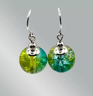Buy Dark Green And Yellow Crackle Glass Drop Earrings - Modern Simplistic • 4.95£