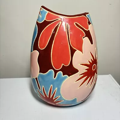 Buy 65 Signed Pottery Vase Groovy Floral Turquoise Flowers Red Blue Pink 11” Glaze • 166.03£