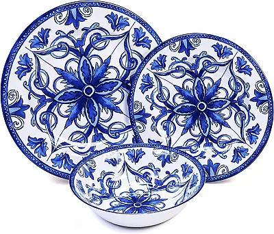 Buy 12 Piece Melamine Dinnerware Set, Blue And White Tile • 66.38£