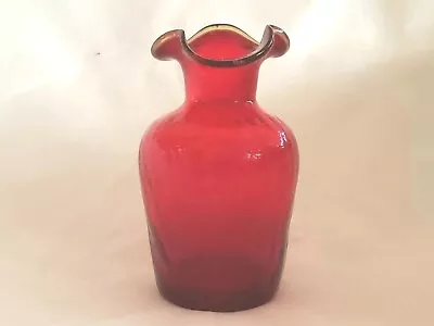 Buy Red Crackle Glass Handblown Vase With Ruffled Rim 4 1/2  Tall Approx. Vintage  • 18.33£