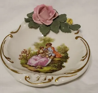 Buy Antique Dresden Pink & Yellow Rose  Trinket Dish Gold Gilt Blue N Crown Mark  • 24.01£