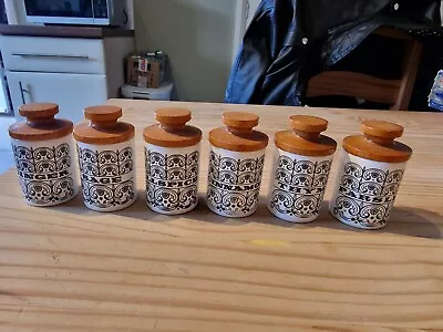 Buy Vintage Hornsea Pottery, White Scroll Spice Jars, Full Set Of 6 With Wooden Lids • 49.99£