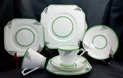 Buy 2 Vintage Art Deco Green & Silver Cups, Saucers & Plates Trios & Serving Plate • 27.99£