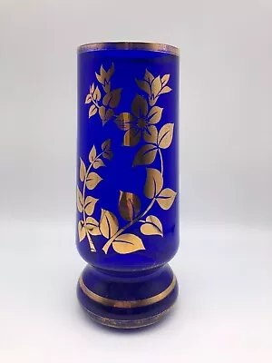 Buy A Large Bohemian Blue Cobalt Glass Vase With Gilt Foliage Decoration • 7£