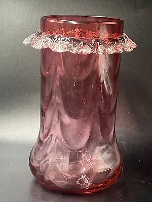Buy Antique Victorian Cranberry Glass Bulbous Base Pot - Applied Clear Glass Frill • 19.99£