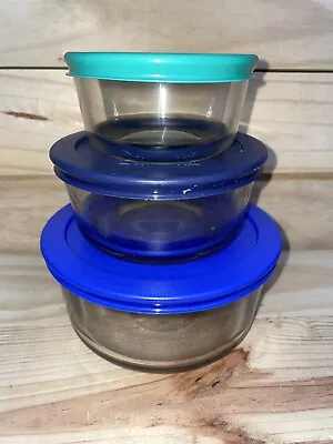 Buy 3 PYREX Glass Storage Bowls & Blue Lids. (1,2,4 Cups) #7201,7200 & 7202 • 13.28£