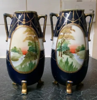 Buy Antique Pear Of Noritaké Gilded Twin-Handled Vases C.1910 No Makers Mark.  • 50£