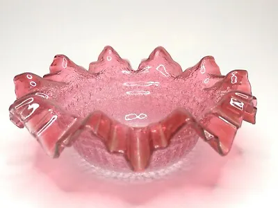 Buy Vintage Overshot Cranberry Pink Crackle Glass Bowl With Ruffled Edges • 47.30£