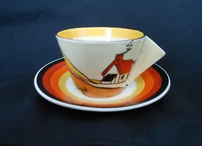 Buy CLARICE CLIFF CONICAL CUP & SAUCER In HOUSE And BRIDGE Pattern. • 385£