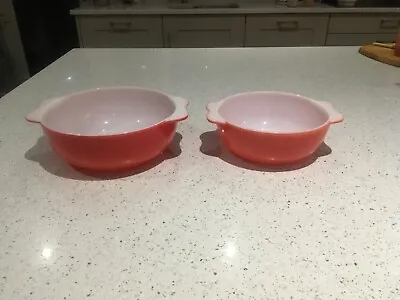 Buy Vintage Red 2 Pyrex Bowls With Handles White Lined • 23£