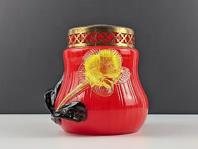 Buy Bohemian Red Tango Glass Ribbed Flower Posy, Applied Yellow Flower Black Leaves • 40£