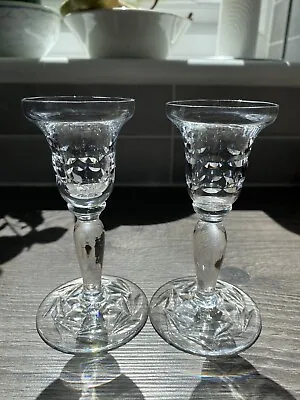 Buy Vintage 2x Clear Cut Glass Candlestick Tapered Candle Stick/Holders 12.5cm Tall. • 12£