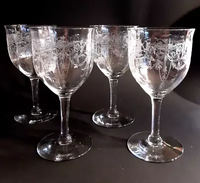 Buy Vintage Etched Wine Glasses Art Nouveau Design Set Of 4 • 49.95£
