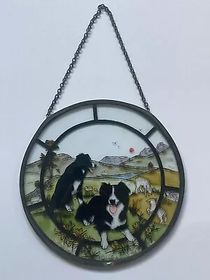 Buy Vintage Painted Glass Window Sun Catcher Countryside Dogs Hanging Decoration • 12£