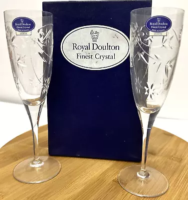 Buy 2 X Royal  Doulton Crystal Jasmine Flute Champagne Glasses With Box 21cm Pattern • 32.50£