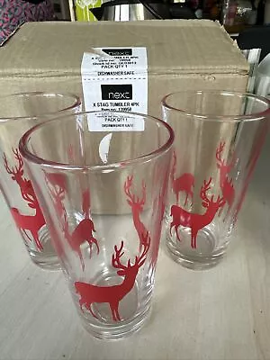 Buy Next Tall Glass Tumblers X3 With Red Stag Motif. High Ball Christmas Country • 3£