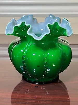 Buy Vintage Fenton Emerald Green Cased Beaded Melon Ruffled Rose Bowl 5.25  Vase • 67.24£