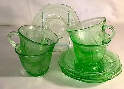 Buy 4 Hazel Atlas Green Royal Lace Cups And Saucers • 65.05£
