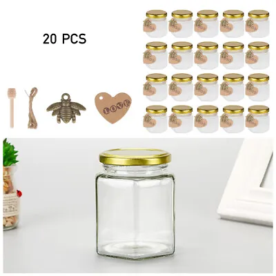 Buy 20pc 45ml Hex Glass Honey Jars Baby Shower Wedding Party Favors W/ Wooden Dipper • 11.94£