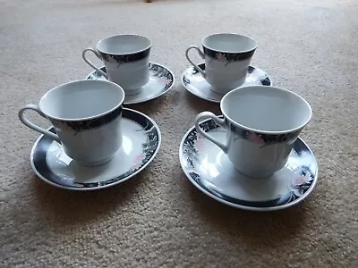 Buy Vintage 80s Tea Set 4 Fine China Teacups & Saucers Pink Grey Black Floral Design • 19.99£