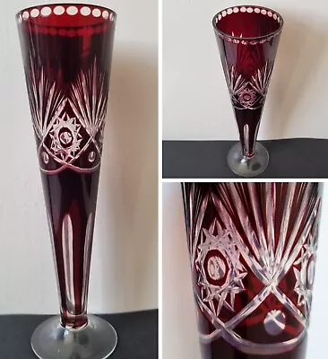 Buy Vintage Bohemian Glass Dark Red Cut To Clear 9 X 2.5   Tall Bud Vase • 24.99£