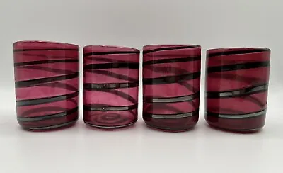 Buy Hand Blown Art Glass Juice Drinking Glasses Cranberry W Black Swirls ~ Signed • 38.36£