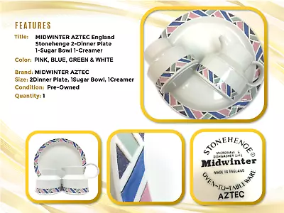 Buy MIDWINTER AZTEC England Stonehenge 2-Dinner Plate 1-Sugar Bowl 1-Creamer • 48.25£
