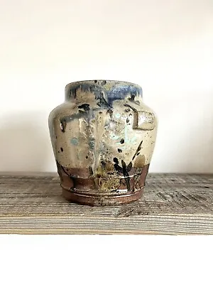 Buy Pottery Stoneware Vase - Classic Urn Shape - Drip Glaze Tan Blue - Signed • 42.66£