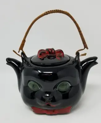 Buy VTG RARE Shafford Redware Black Cat Double Spout Teapot Bamboo Handle Green Eyes • 144.67£