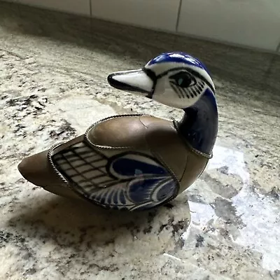 Buy Vintage Tonala?  Mexican Pottery Ceramic Duck Brass Armored Feathers Blue Brown • 19.21£