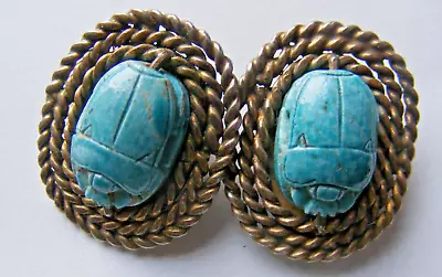 Buy Vintage 1950s Egyptian Turquoise Scarab Beetle Earrings Faience Pottery Clip On • 15£