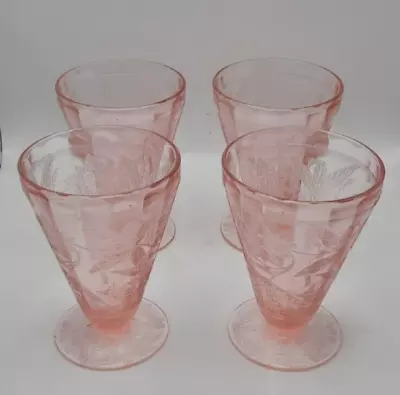 Buy 4 Vintage Footed Jeanette Pink Depression Glass Cherry Blossom Juice Glasses • 21.10£