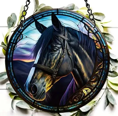 Buy Stained Glass Effect Perspex Window Hanging Suncatcher Black Horse Ideal Gift • 13£
