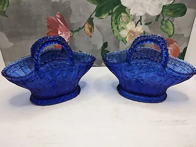Buy Two Cobalt Blue Glass Flower Baskets Vases Vintage • 12£