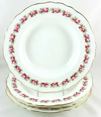 Buy Fine English Set 4 Large Rim Soup Bowls Royal Cauldon Bone China Pink Roses Gold • 56.58£