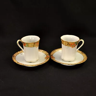 Buy Nippon M-in-Wreath Chocolate Cups & Saucers Set Of 2 HP Gold Floral 1911-1918 • 114.60£